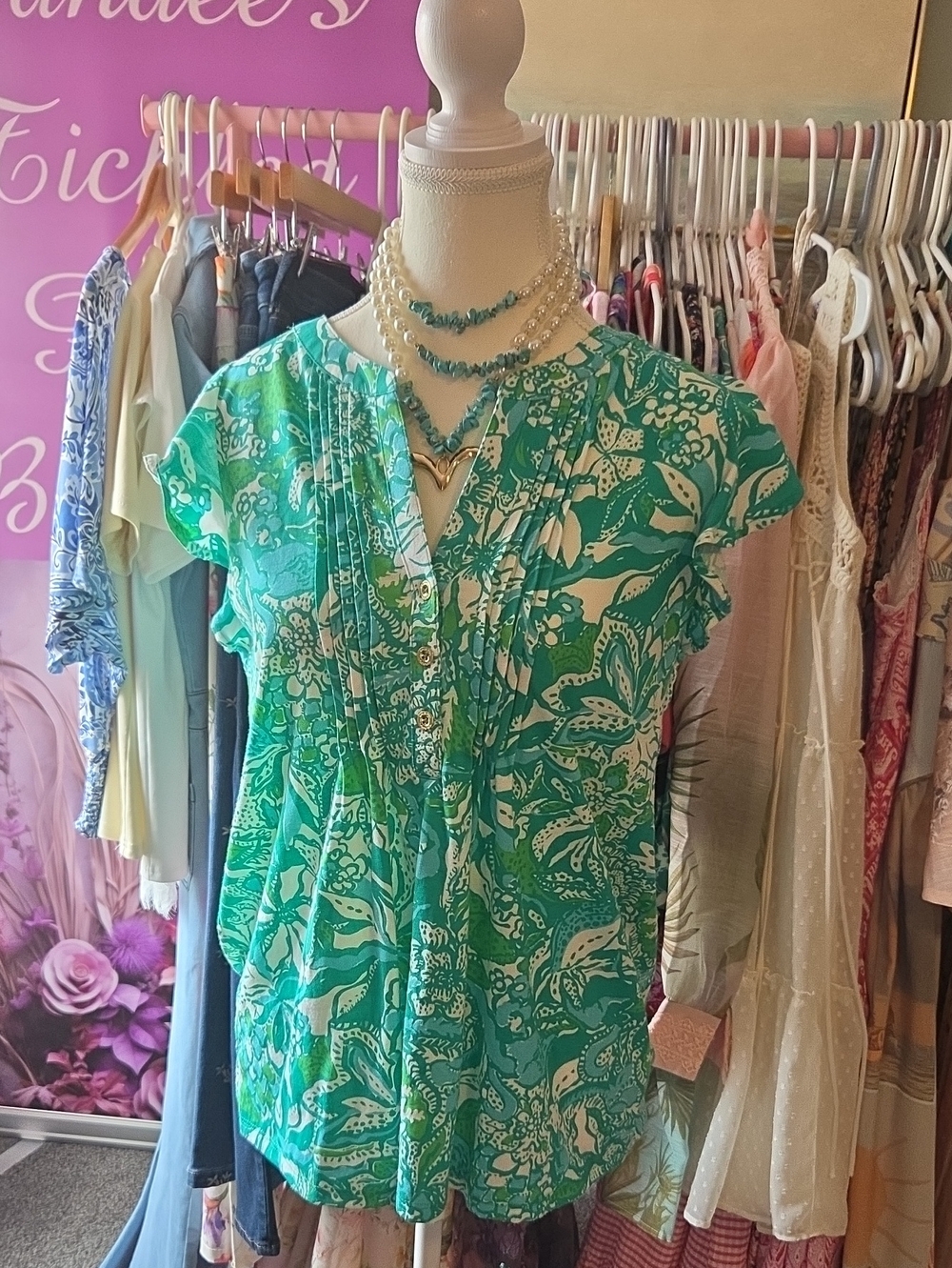 Lilly Pulitzer Teal and White Floral V-Neck Pintuck Blouse
